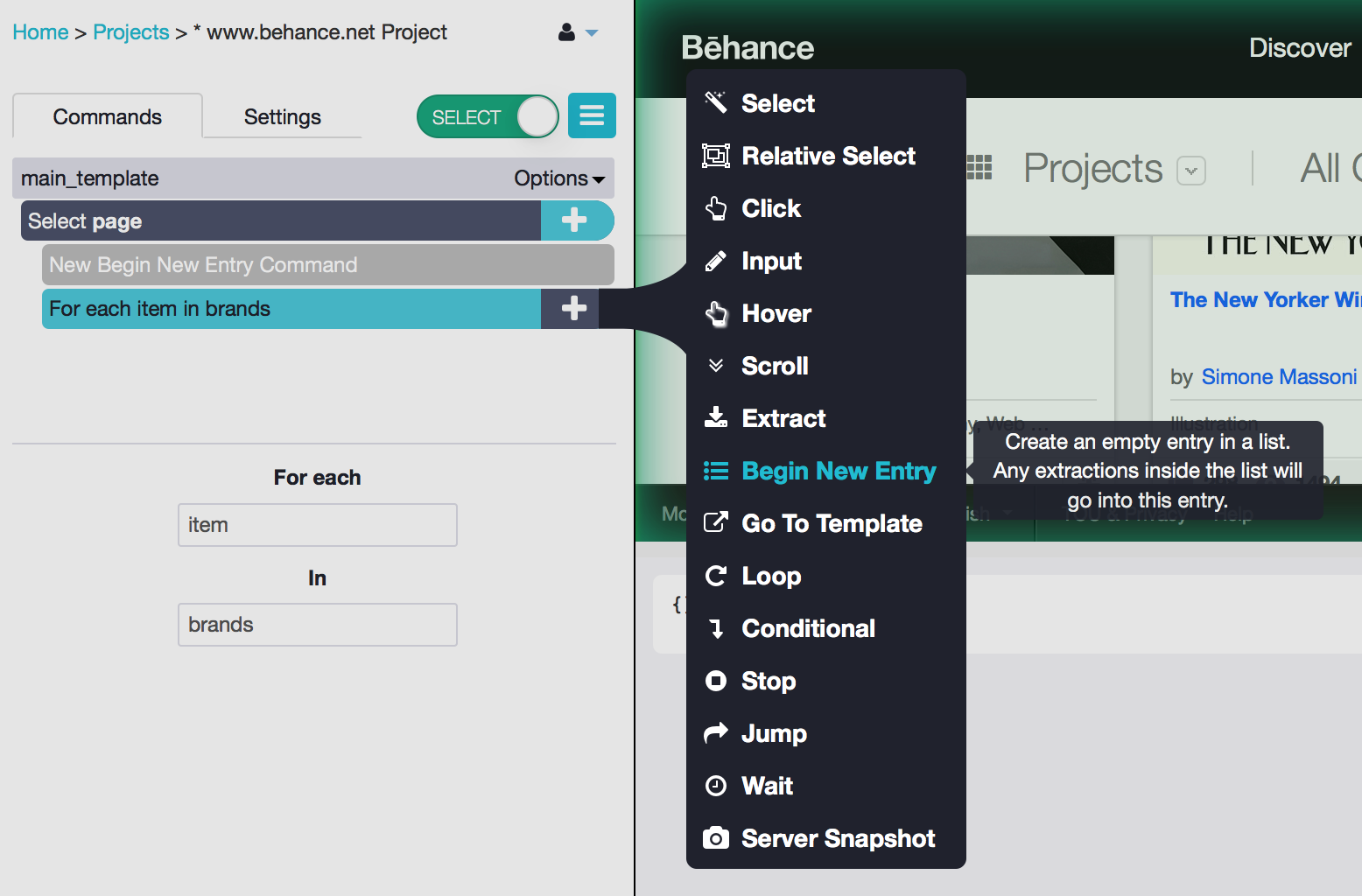 begin new entry command in parsehub to scrape multiple elements