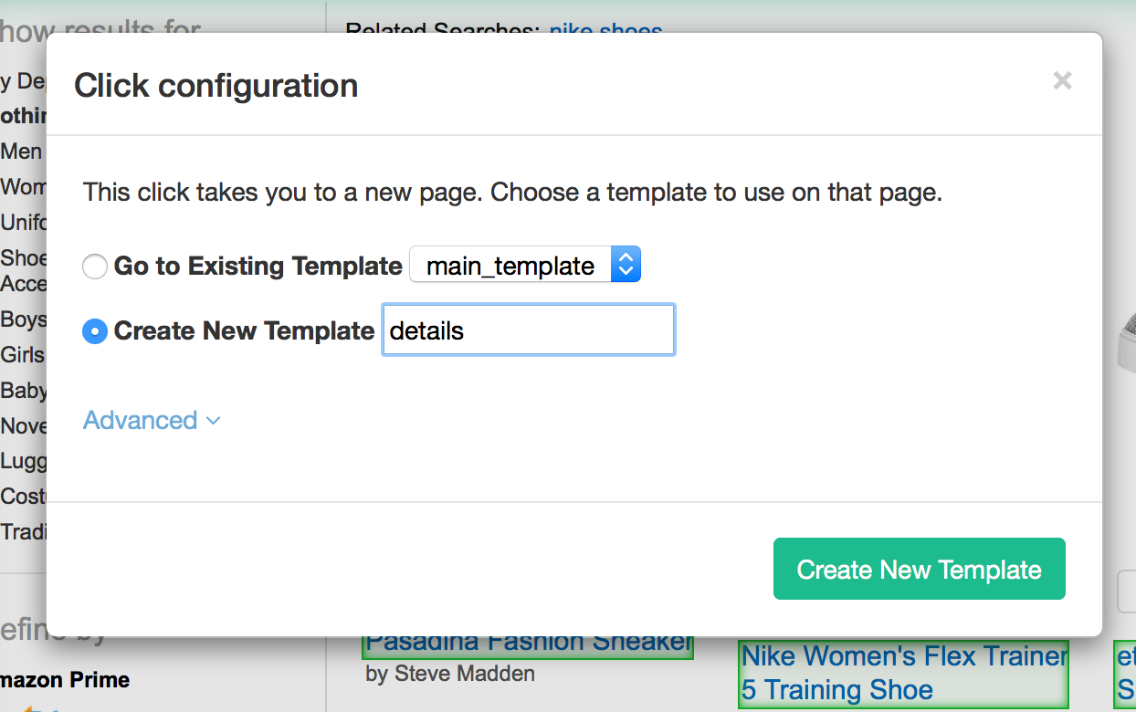 open new template to web scrape with parsehub