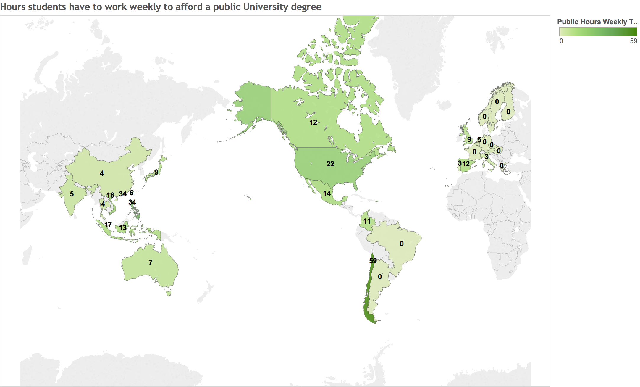 Weekly hours required to afford a public University degree