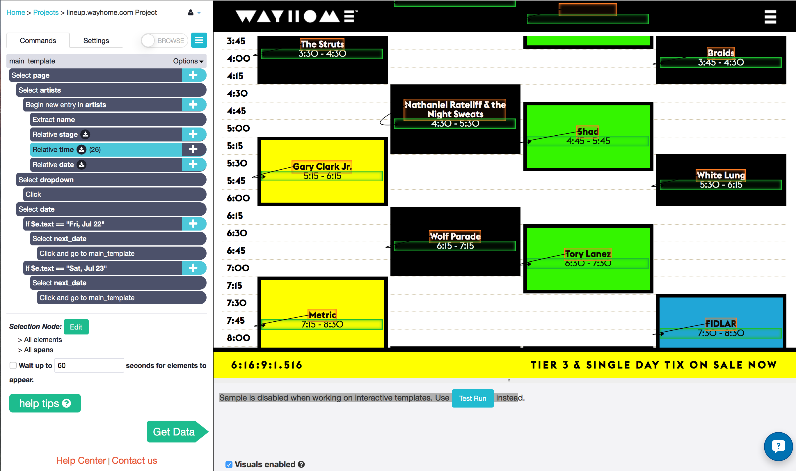 ParseHub project to scrape WayHome schedule