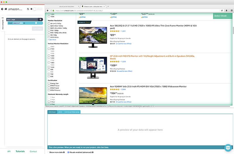 Amazon website rendering inside of ParseHub