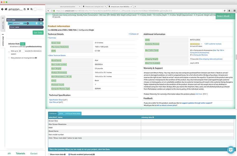 Selecting amazon's product information labels