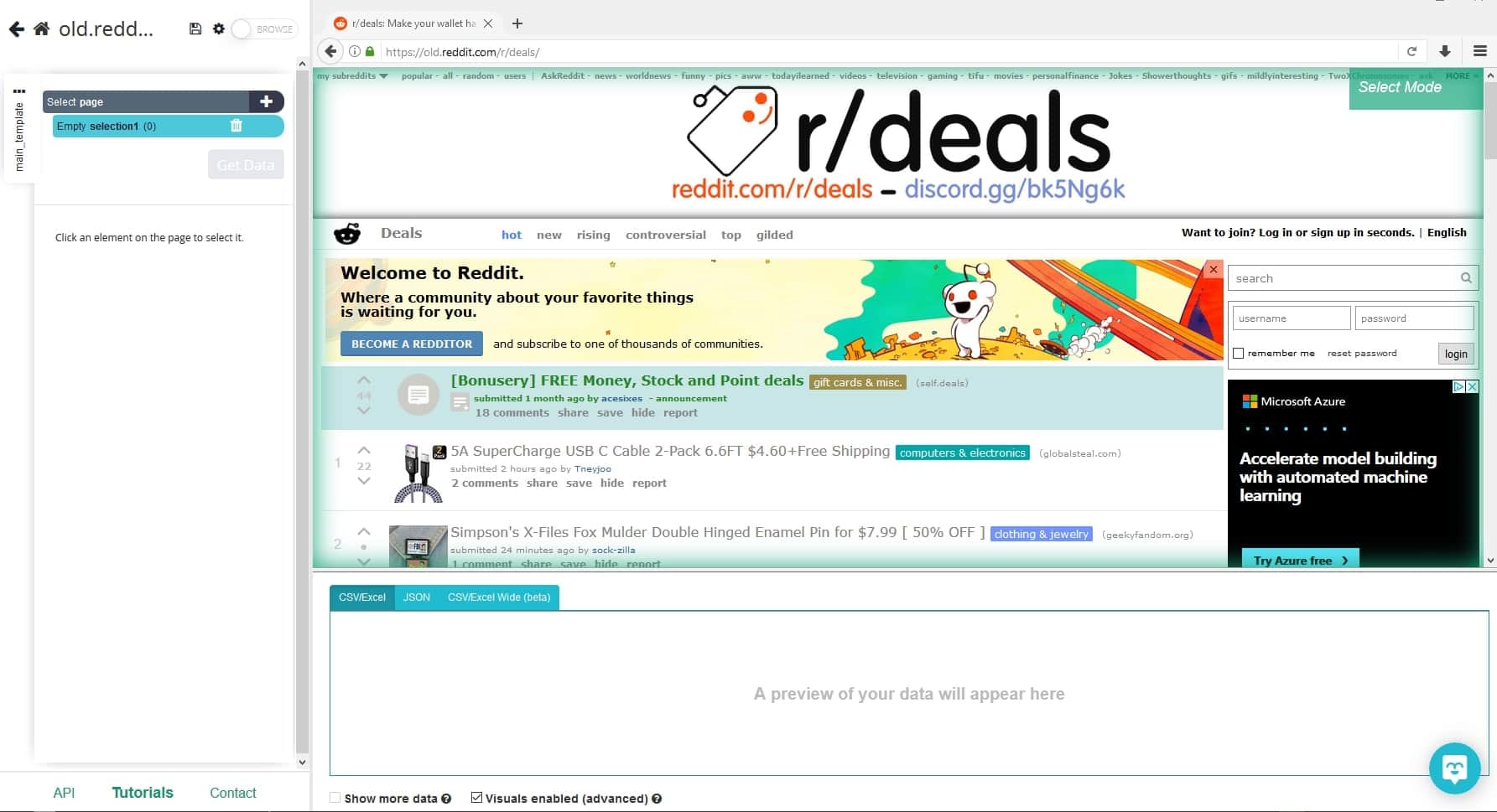 Reddit page rendering inside of ParseHub