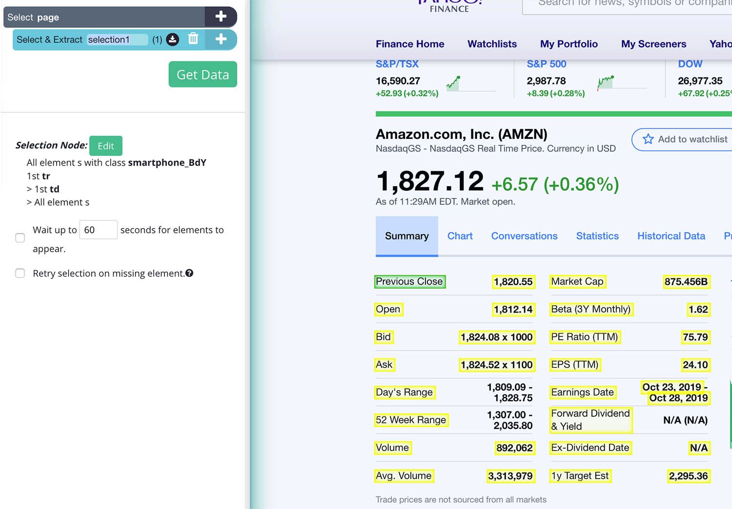 Selecting Stock data on yahoo finance