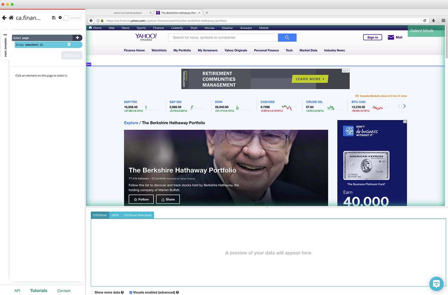 Yahoo finance rendering inside of parsehub