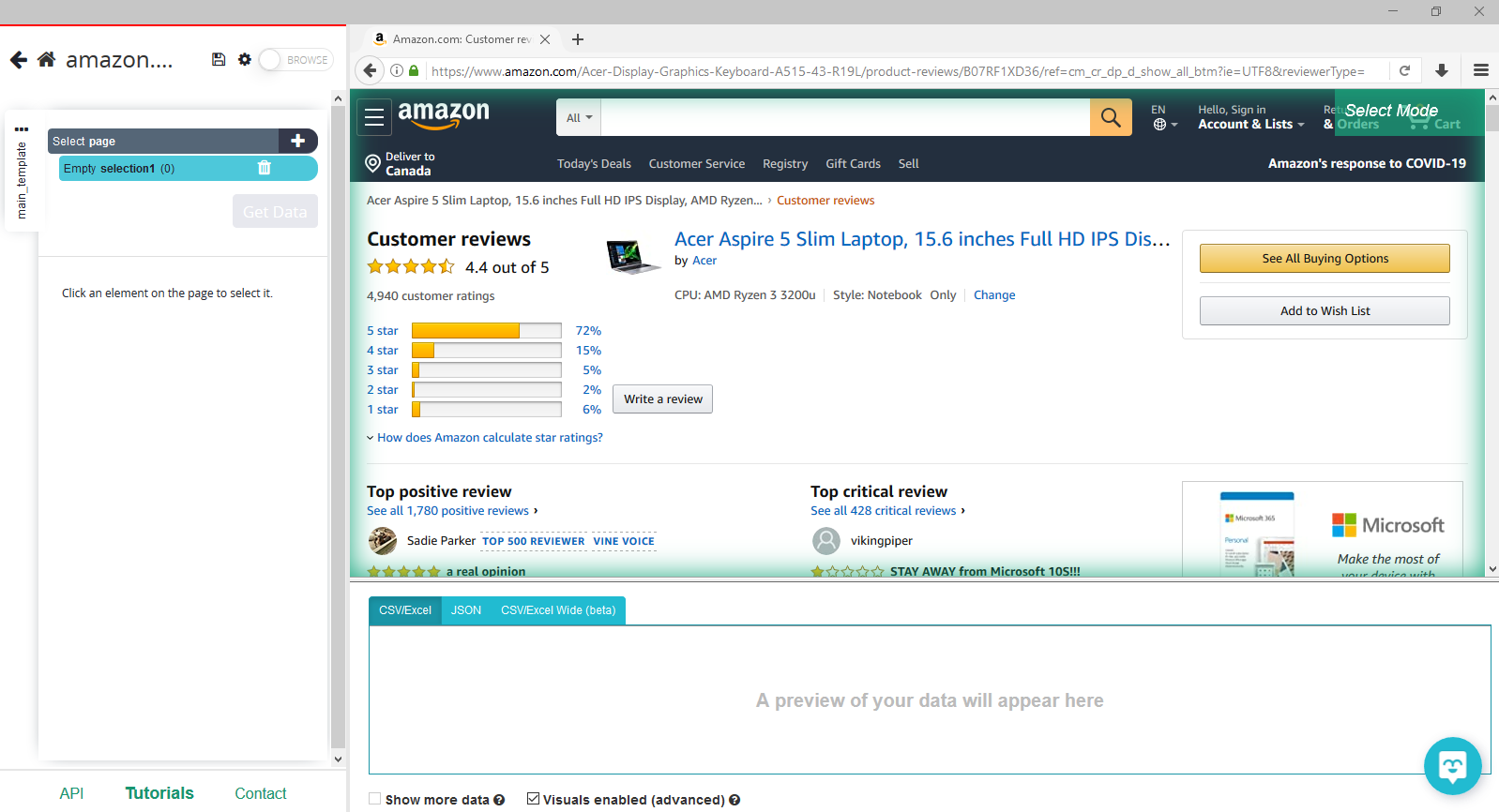 Amazon review page inside of ParseHub