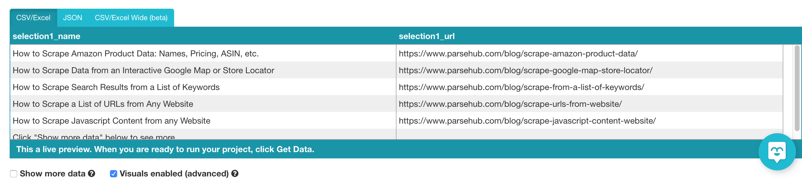 Preview of web scraped data