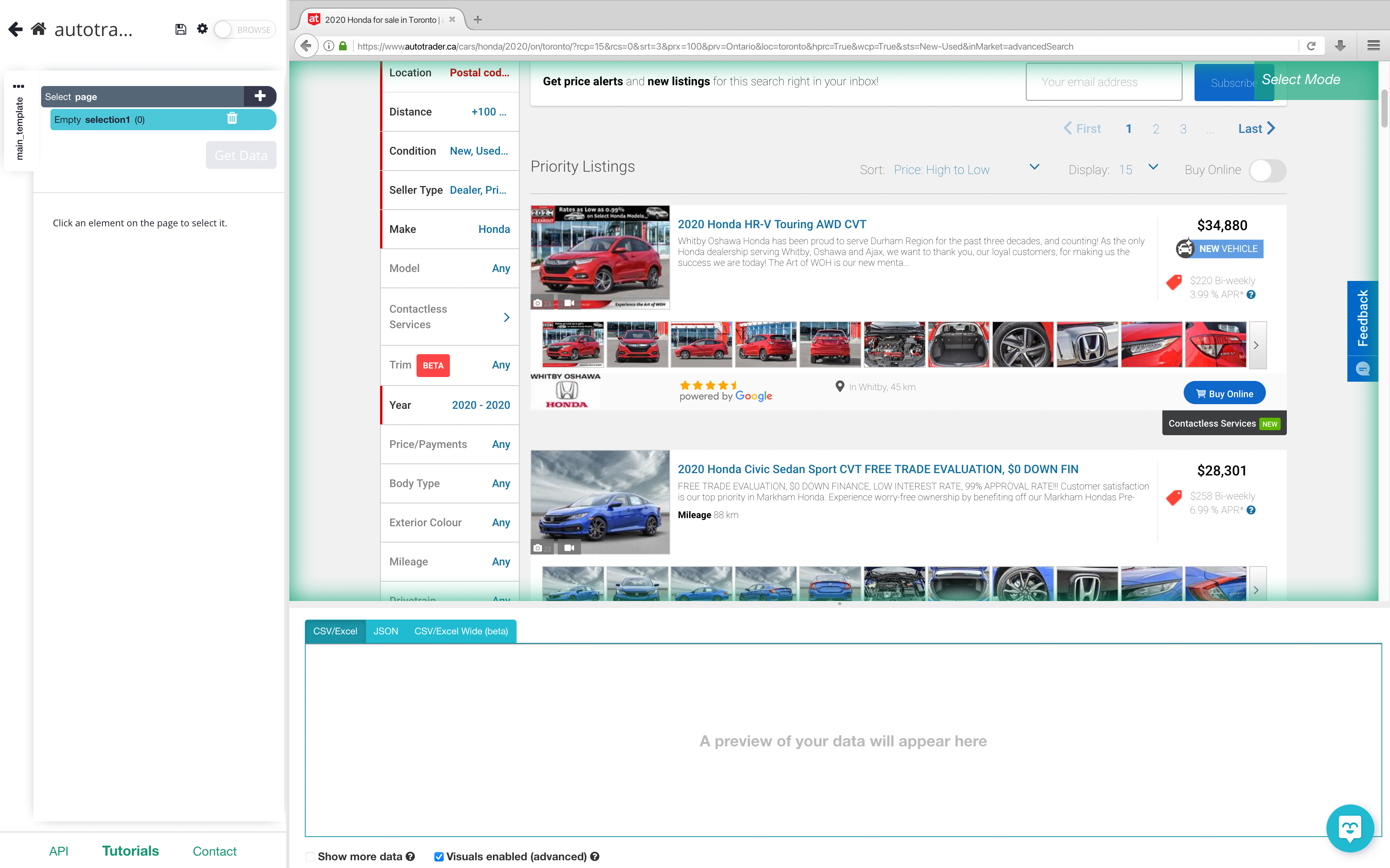 Autotrader rendered inside of the data extraction tool app