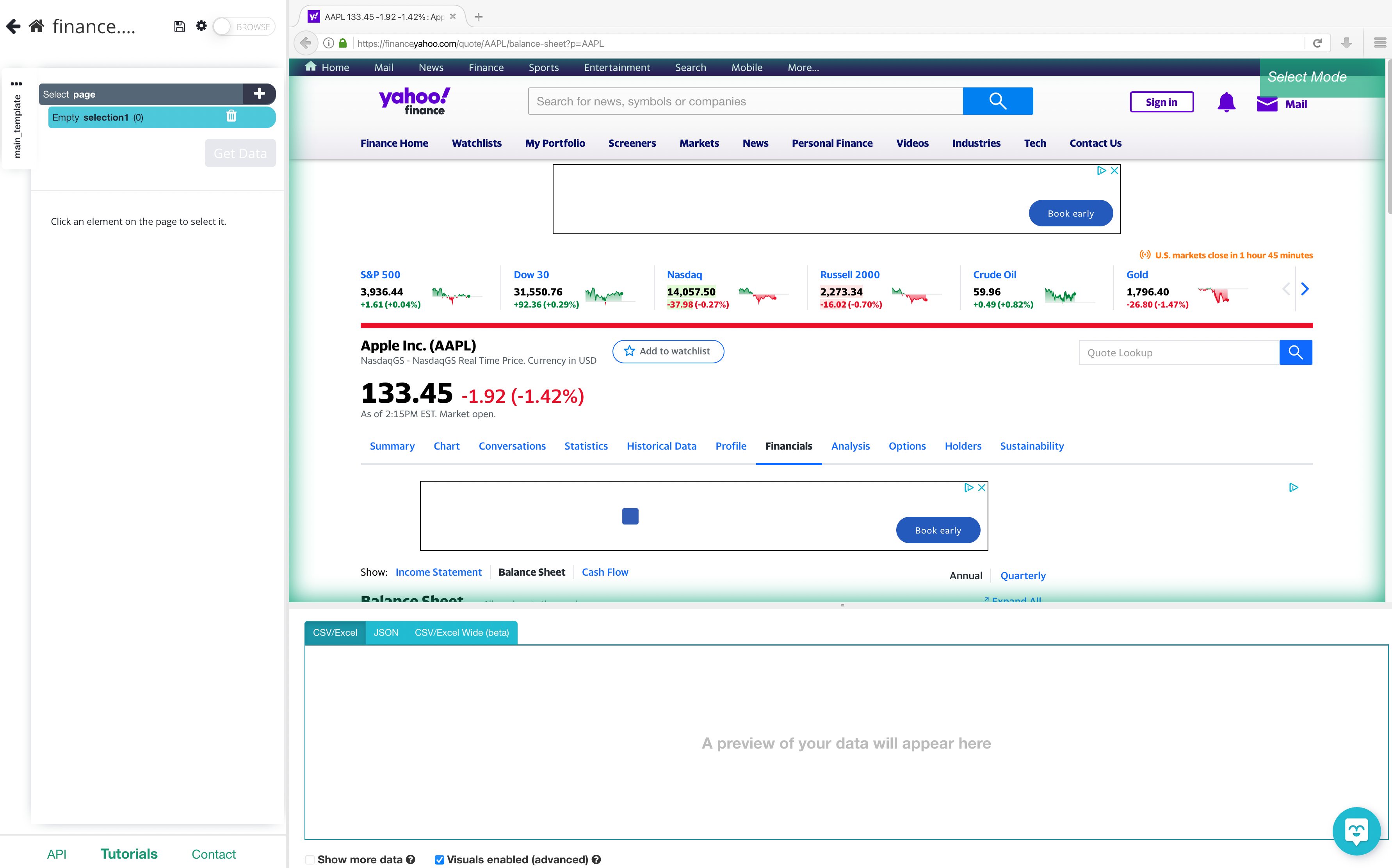 Apple's balance sheet on yahoo finance in ParseHub