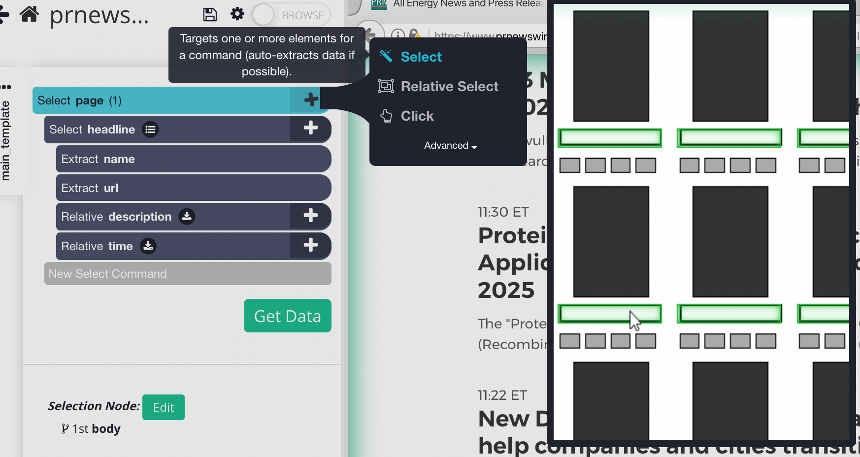 Choosing the select command on Parsehub