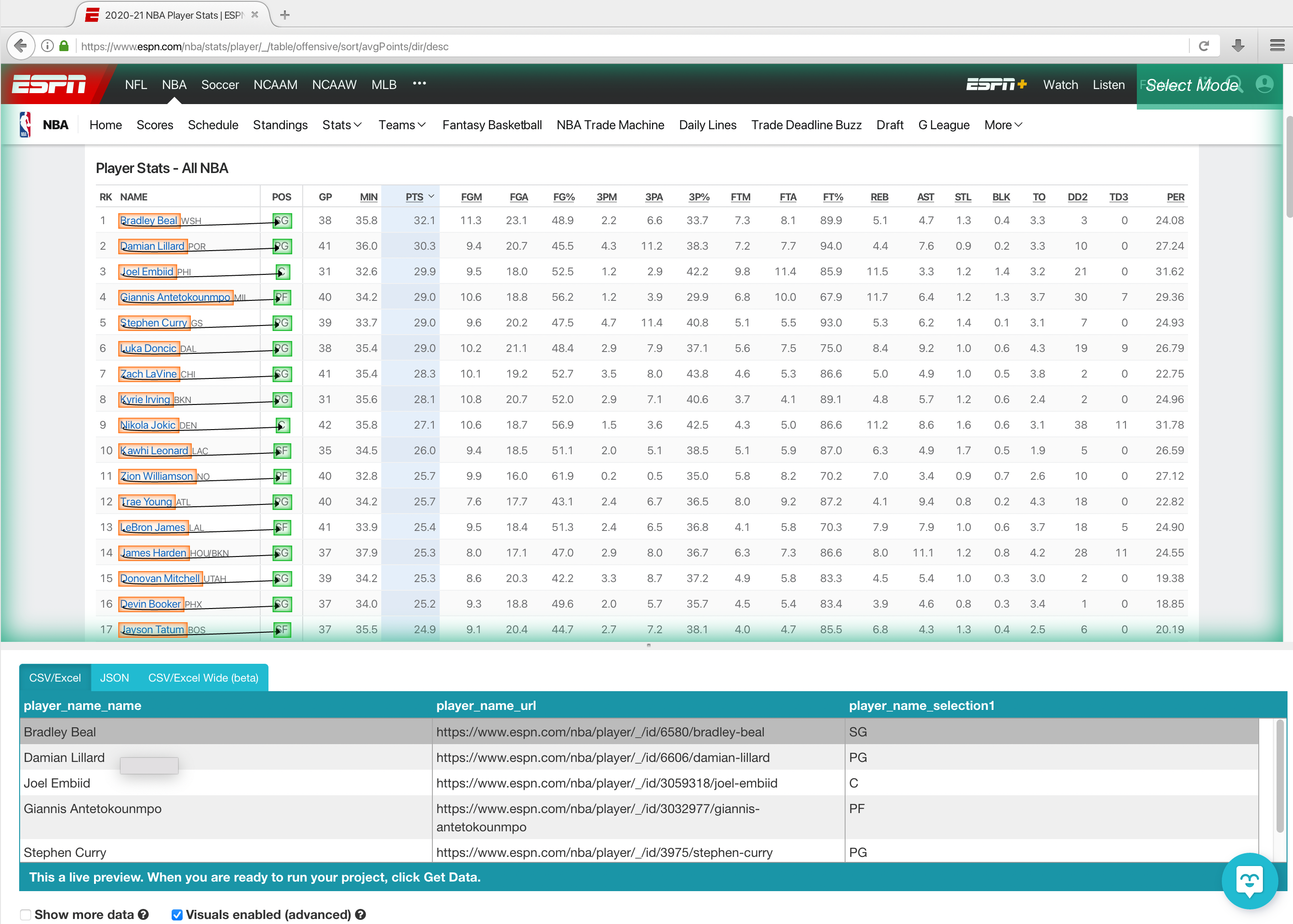 I want to import some soccer stats into excel - How to? - Web Scraper