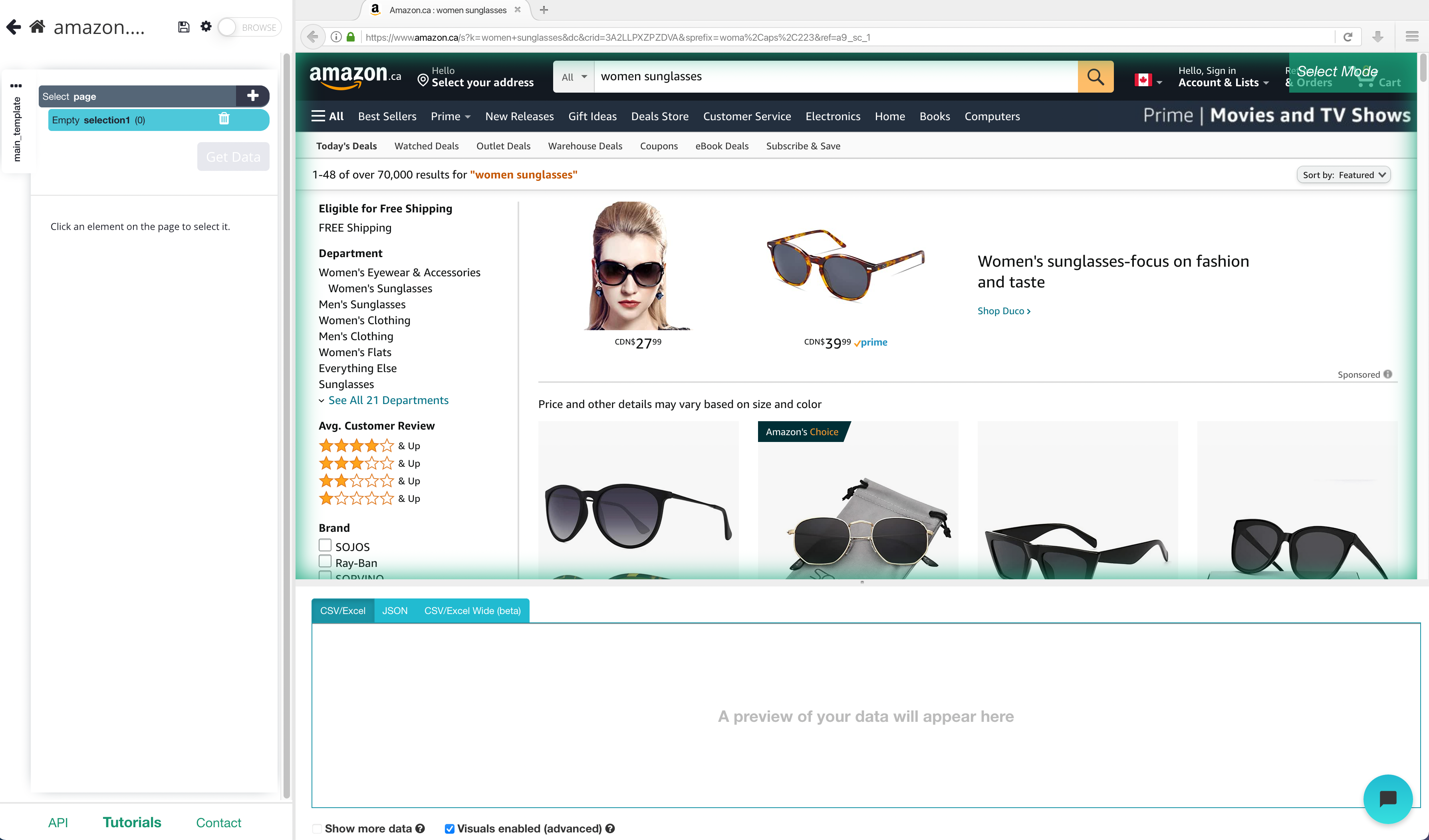 Amazon rendering inside of ParseHub