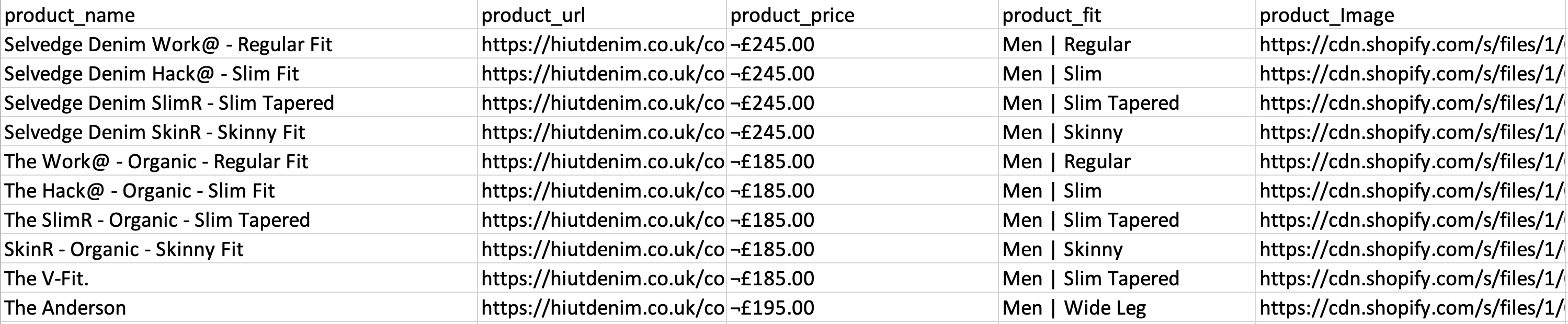 Shopify exported into an excel file