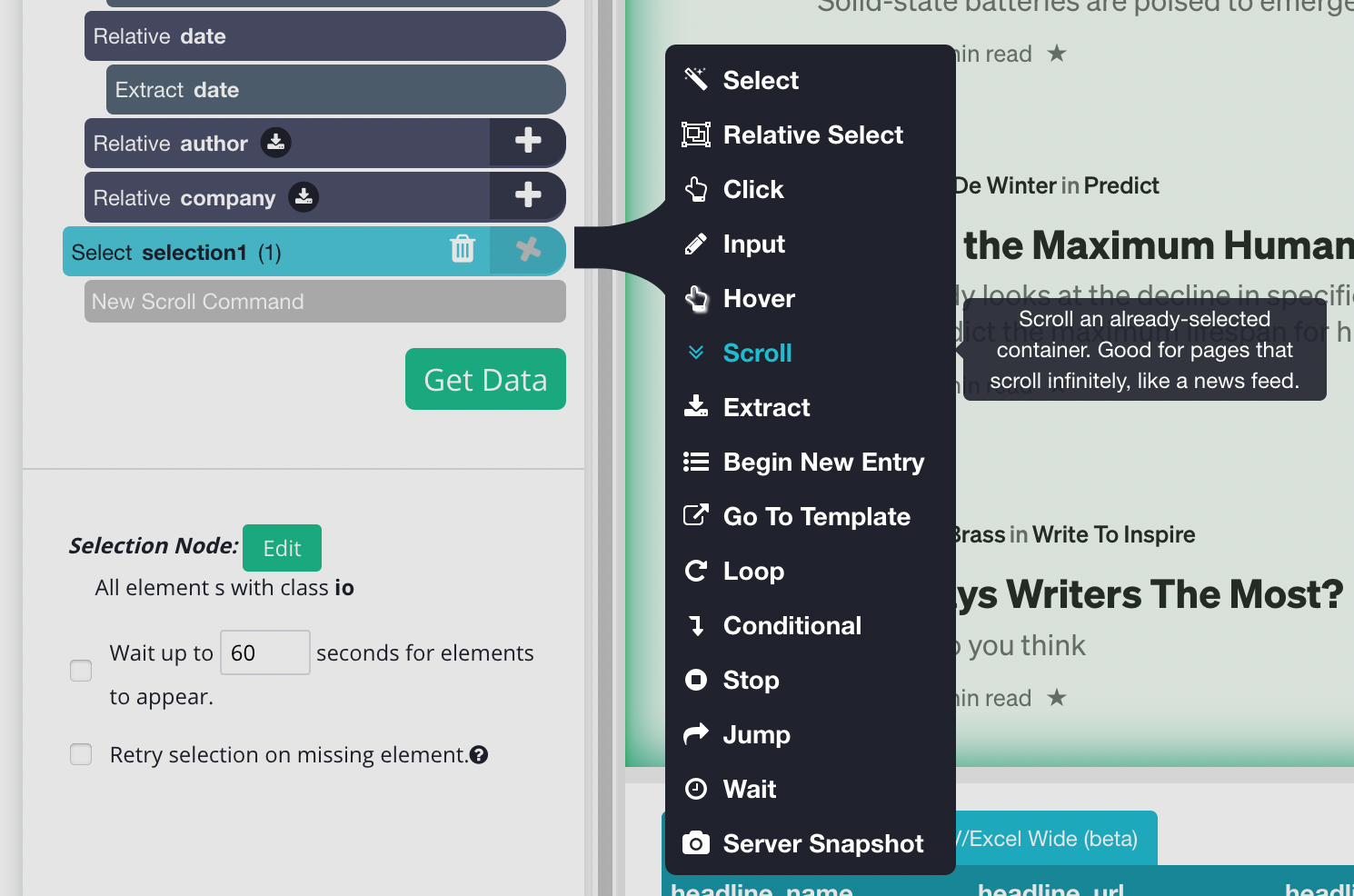 Choosing the scroll function