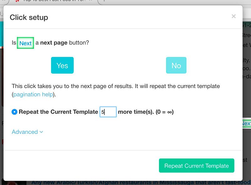 Click pop up window to deal with pagination