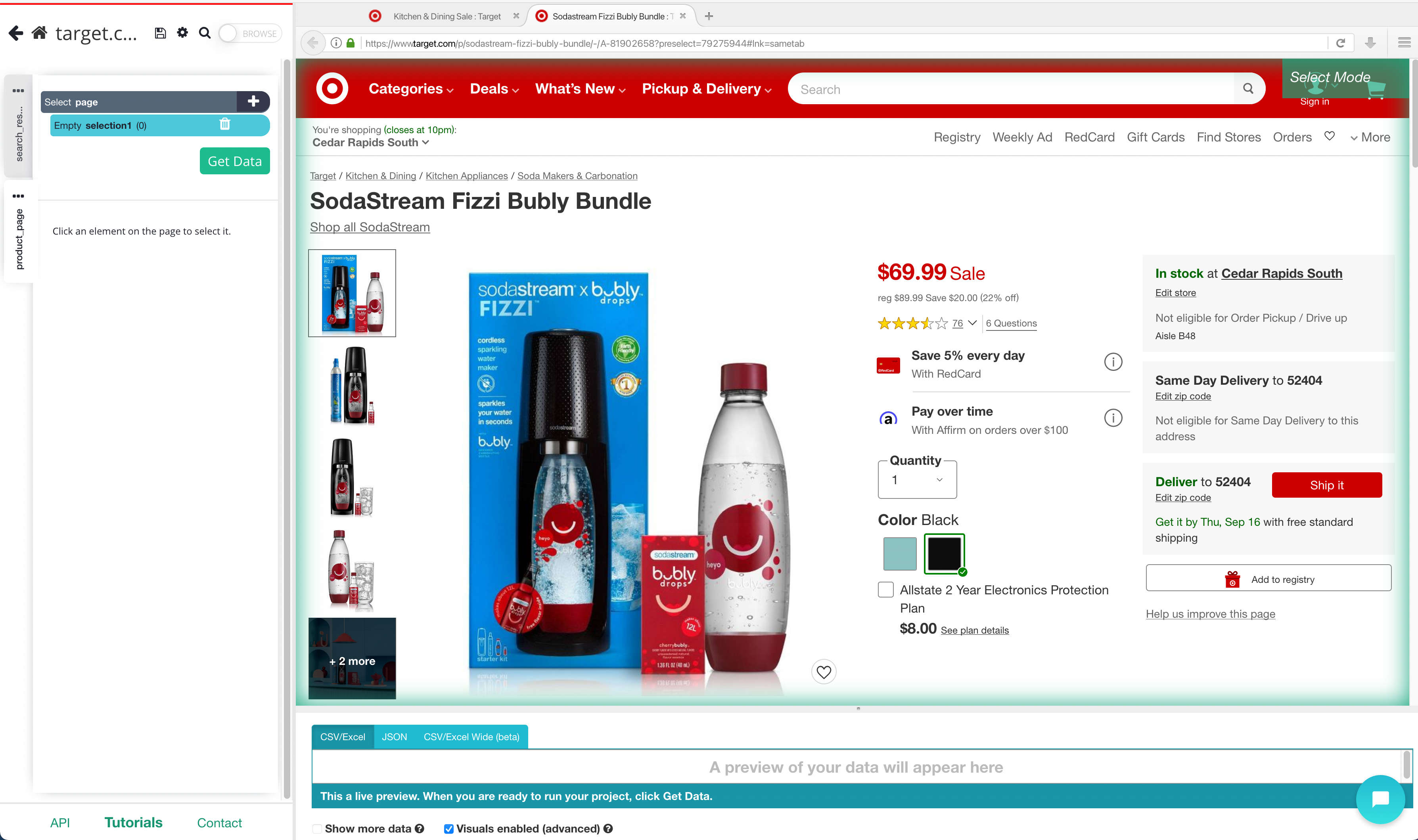 target product page loaded in ParseHub