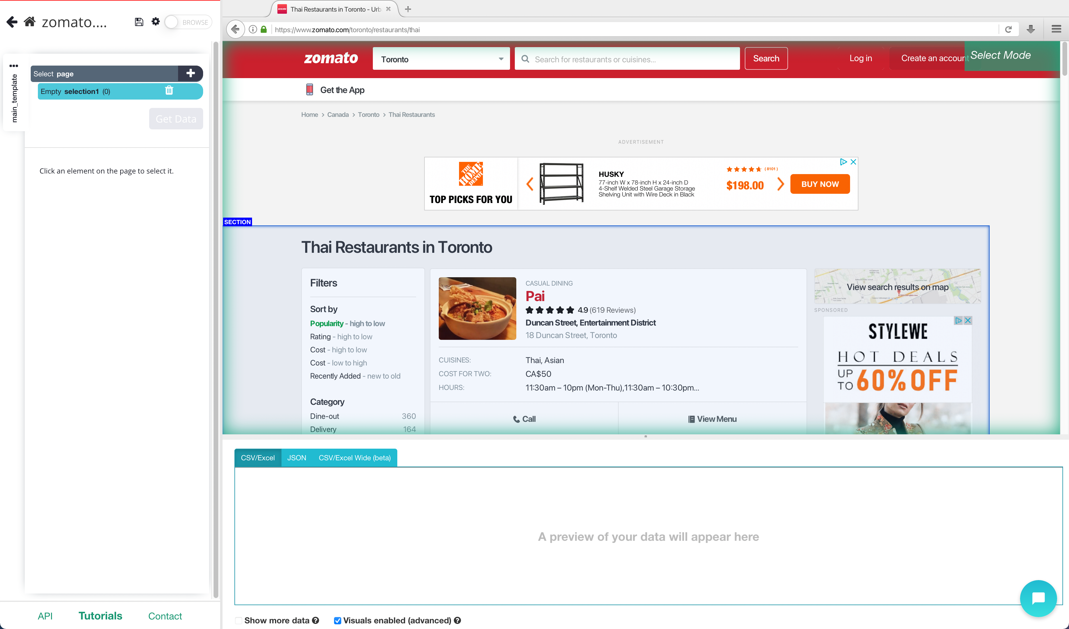 Zomato rendering inside of ParseHub