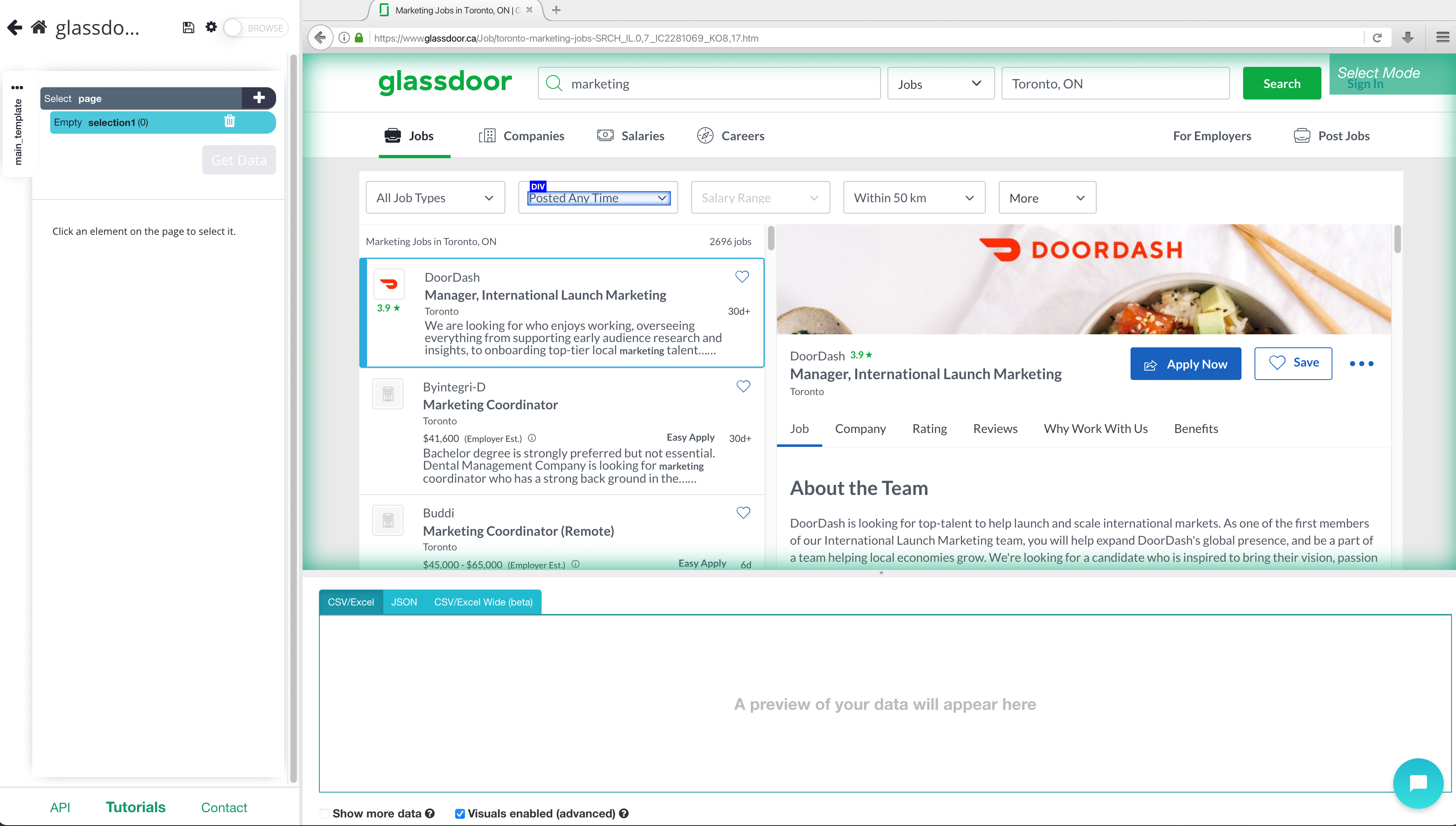 Glassdoor loaded inside of ParseHub