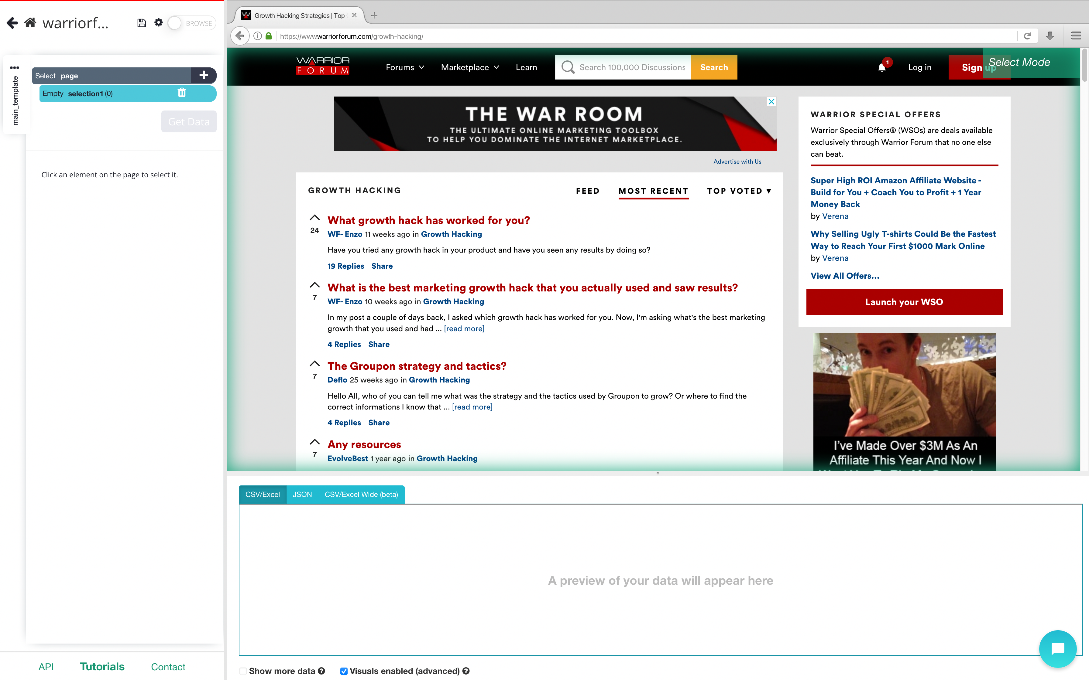 Warrior forum rendering inside of ParseHub