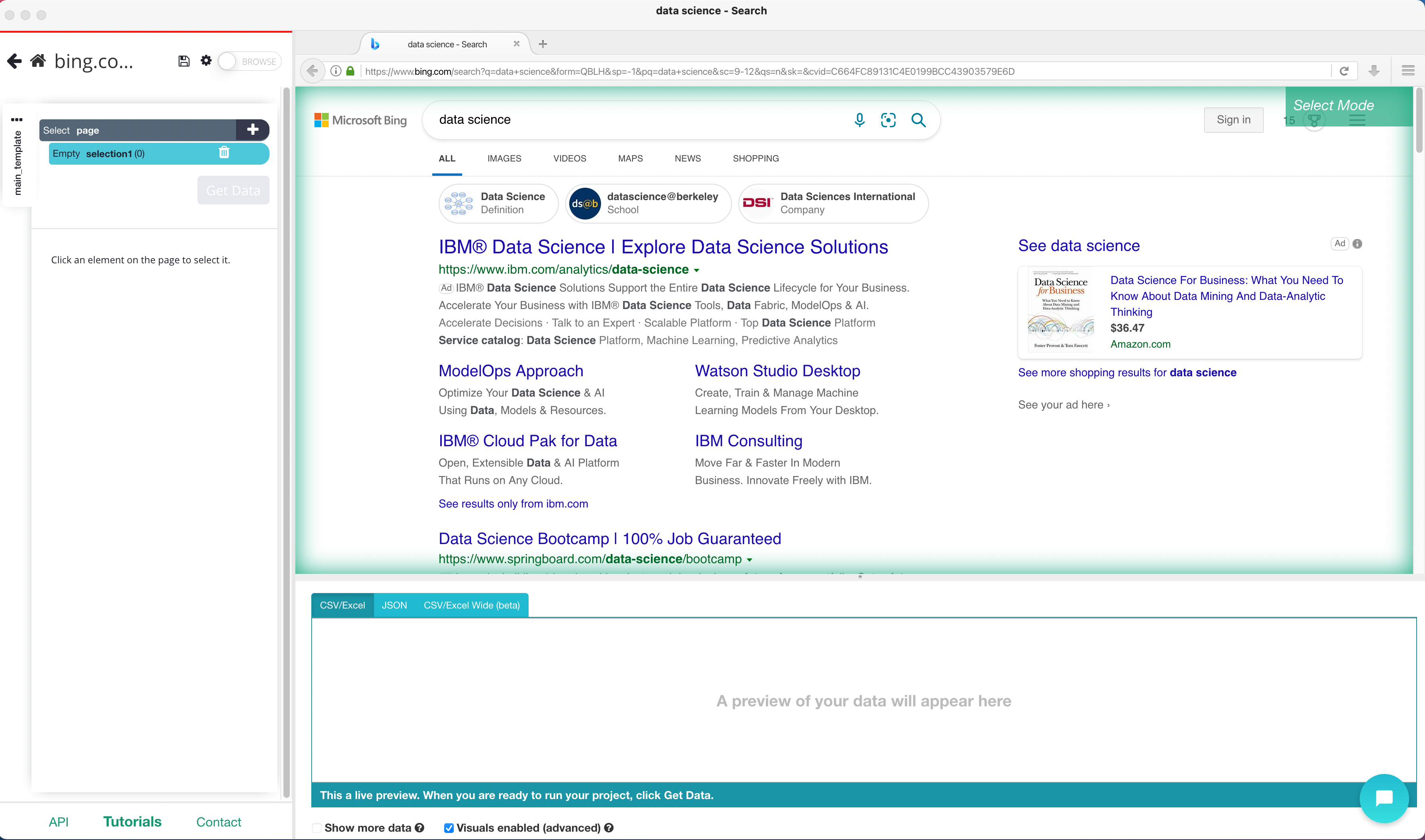 Bing Search engine results page rendering inside of ParseHub