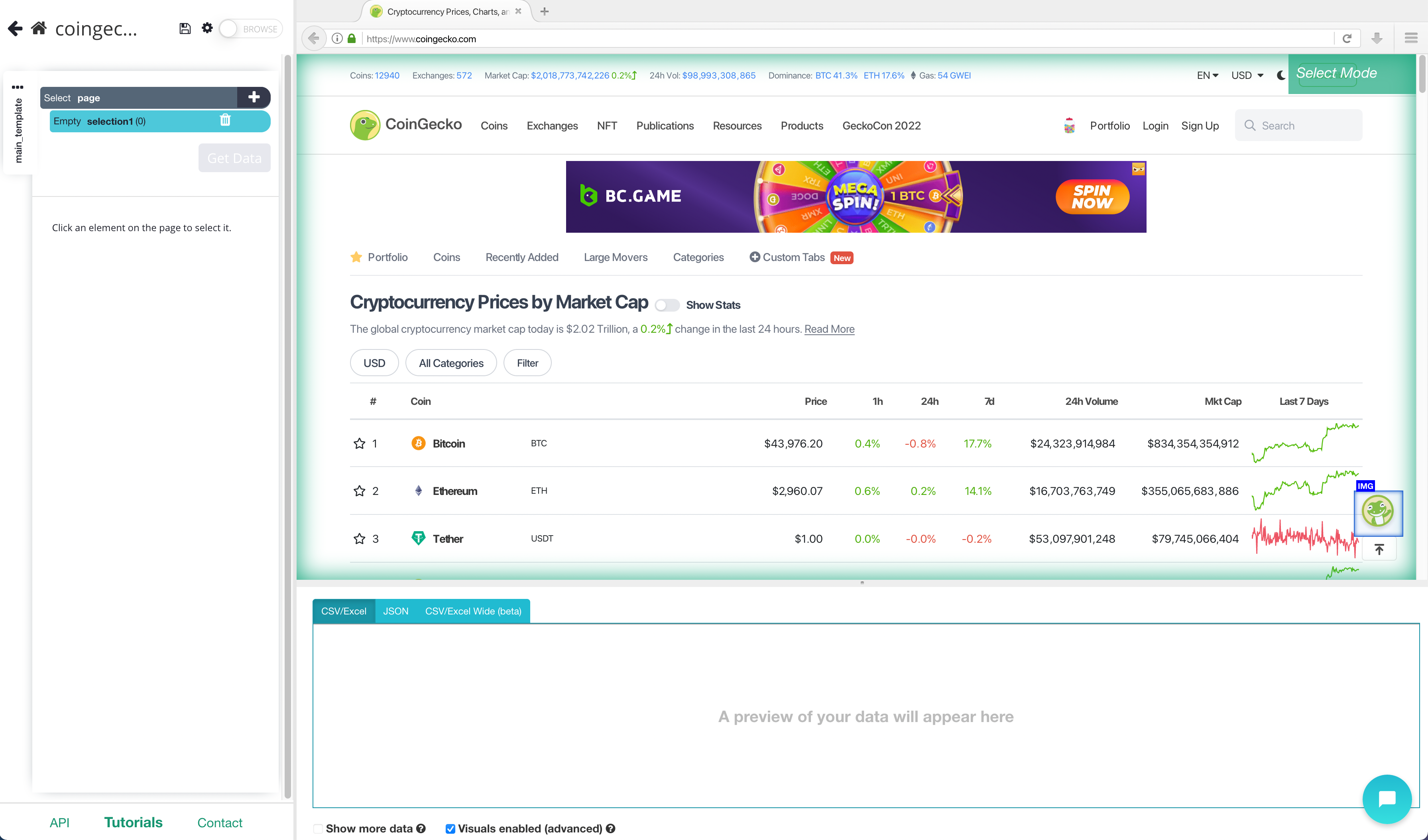 Coingecko loading inside of ParseHub