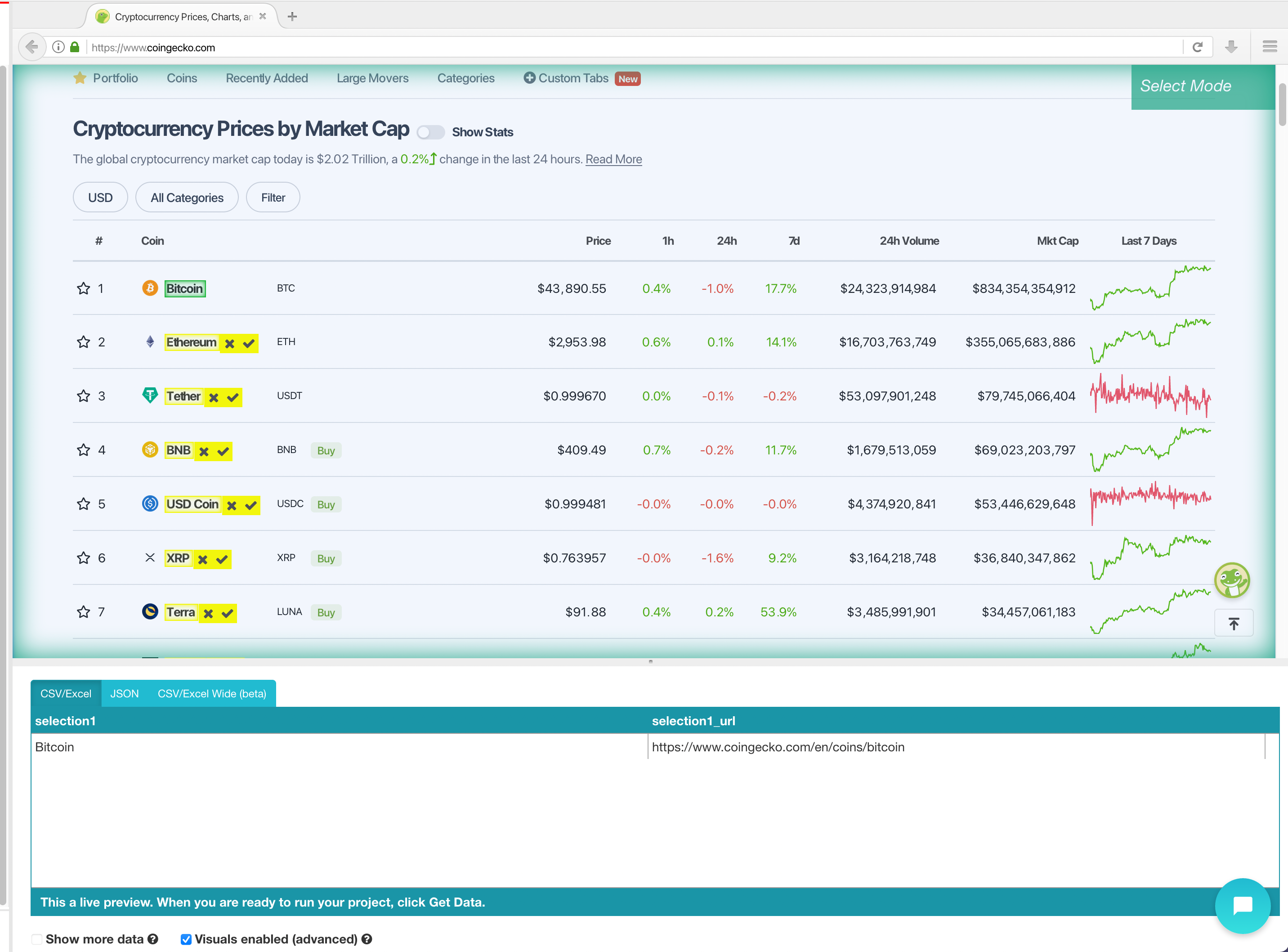 Extract cryptocurrency data